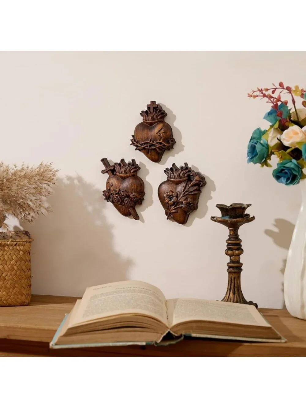 Handmade Wooden Sacred Hearts Wall Decor Set | 3pcs Beechwood Art with Hooks